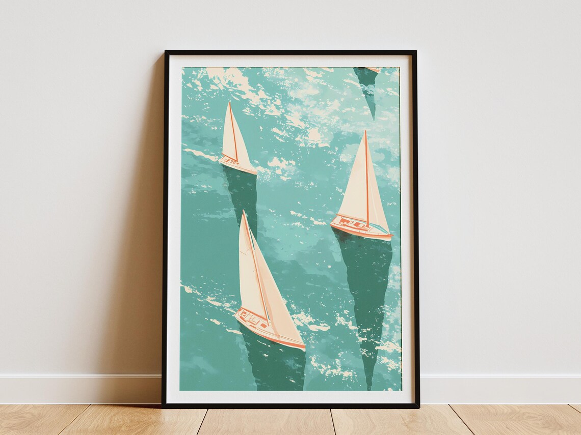 Sailboats Casting Reflections on Sparkling Teal Water Poster