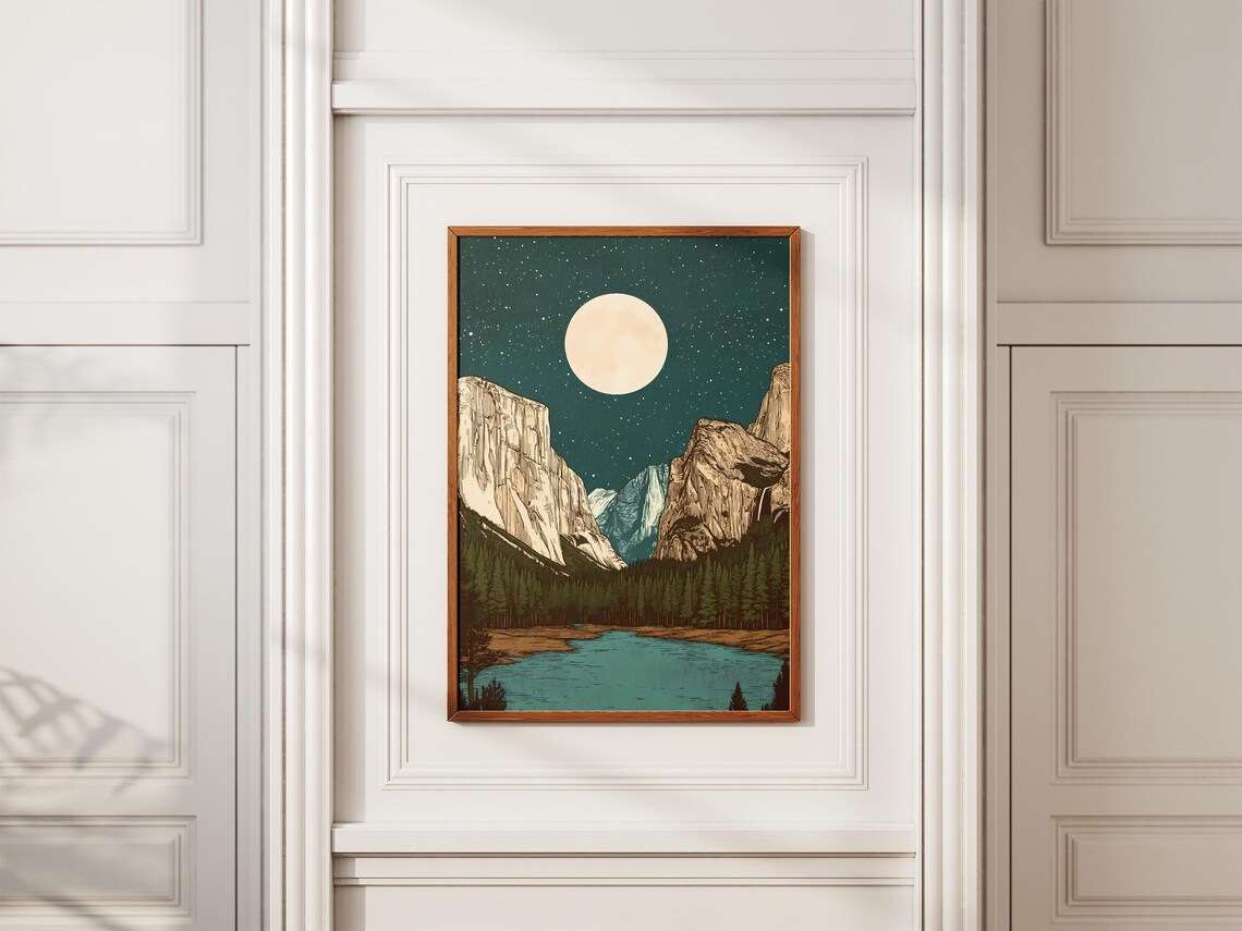 Yosemite National Park Moonlit Valley Lake Pine Forest Night Art Poster - Image 2