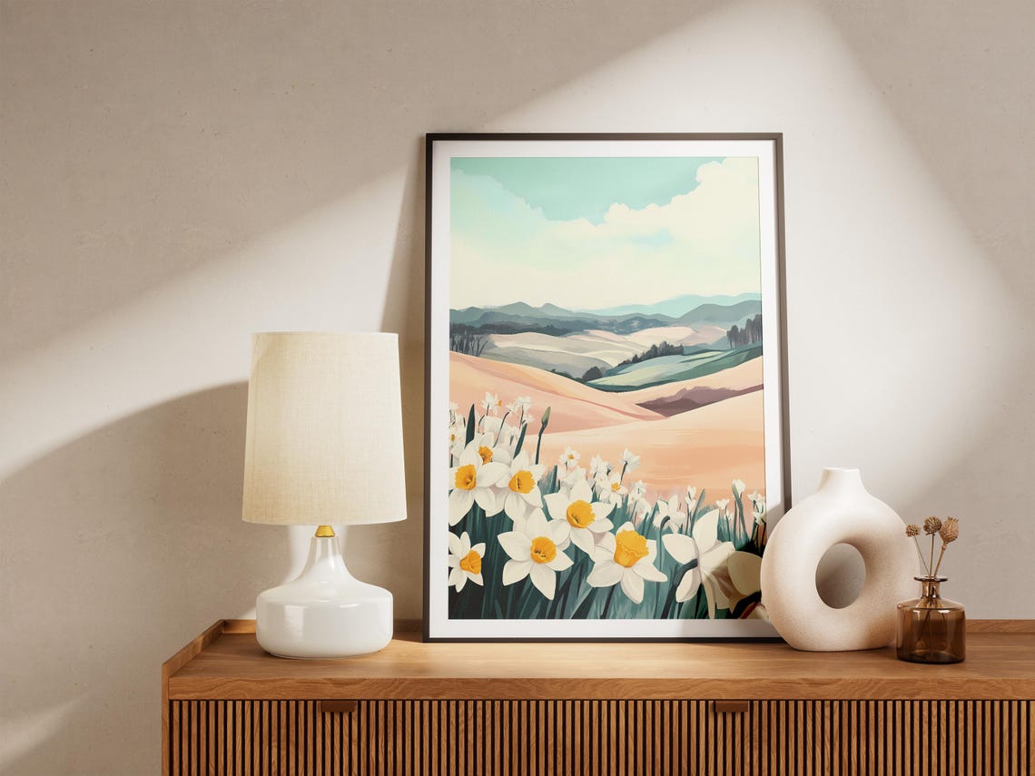 White Daffodils Before Rolling Spring Hills Landscape Poster - Image 5