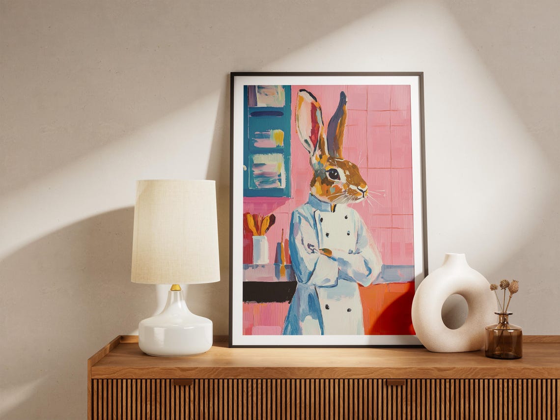 Rabbit Chef Art Print Whimsical Kitchen Decor Funny Animal Bunny Poster In Illustration - Image 4