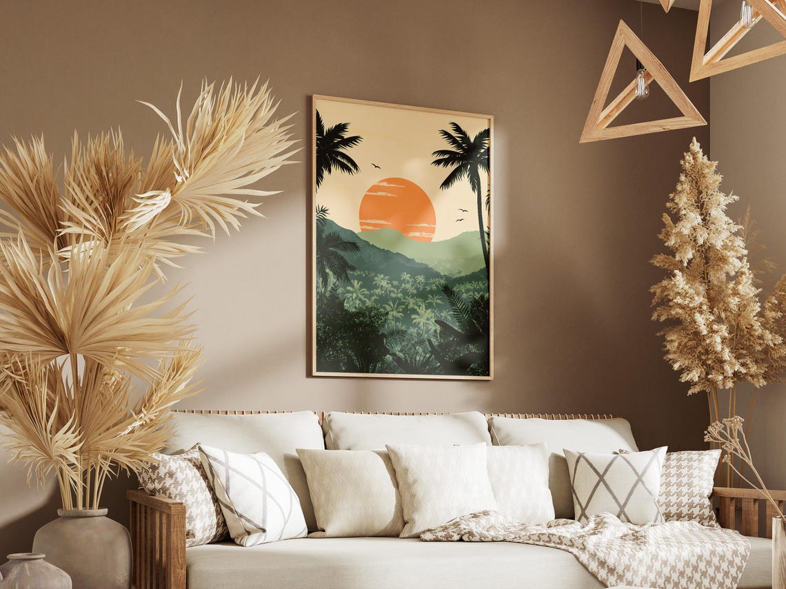 Tropical Jungle Sunset with Palm Silhouettes Art Poster Serene - Image 3