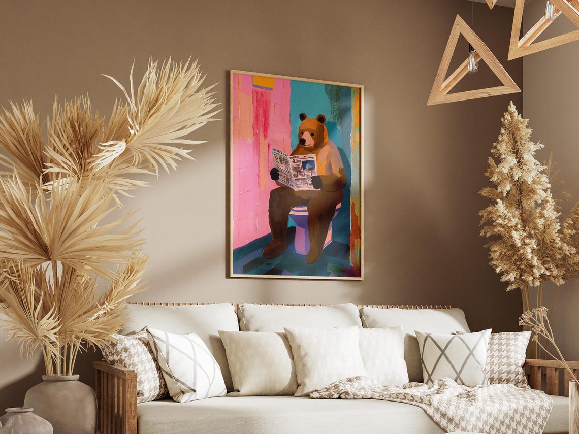 Brown Bear Reading the Morning Newspaper on the Toilet Poster - Image 3