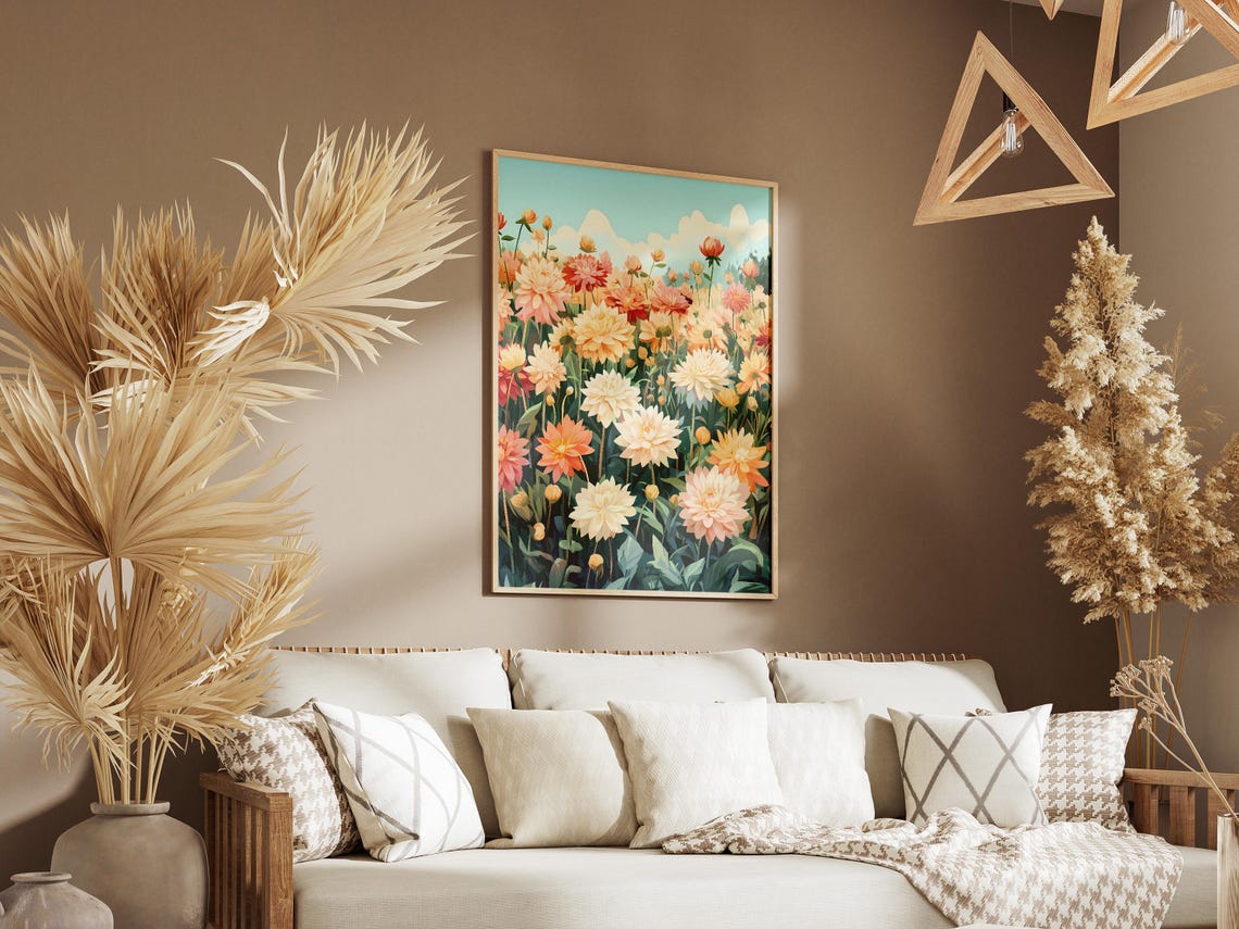 Peach Cream Dahlia Flower Field Under Soft Blue Summer Sky Poster - Image 3