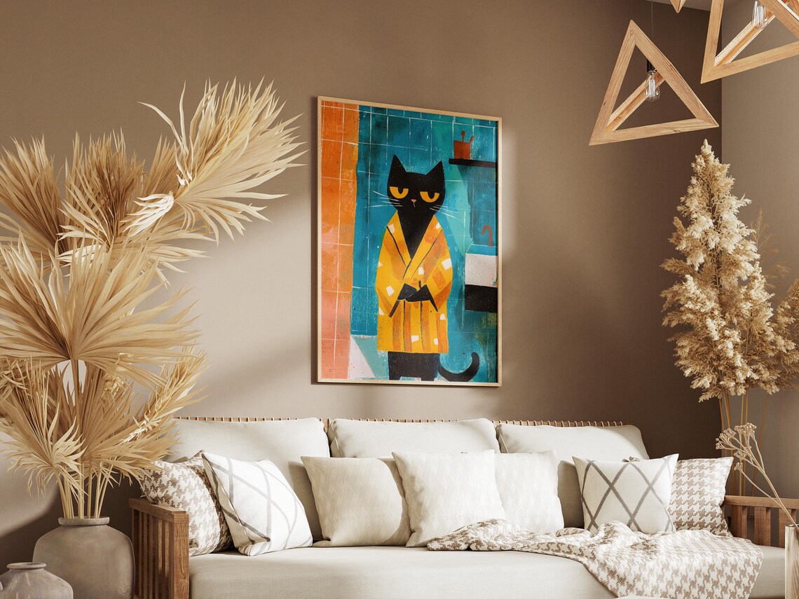 Black Cat in Yellow Bathrobe Matisse Style Bathroom Art Poster - Image 3