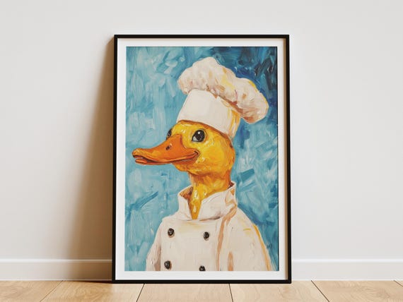 Duck Chef Art Print Funny Kitchen Decor Whimsical Animal Portrait Chefs Hat Wall Quirky Poster Cute Home