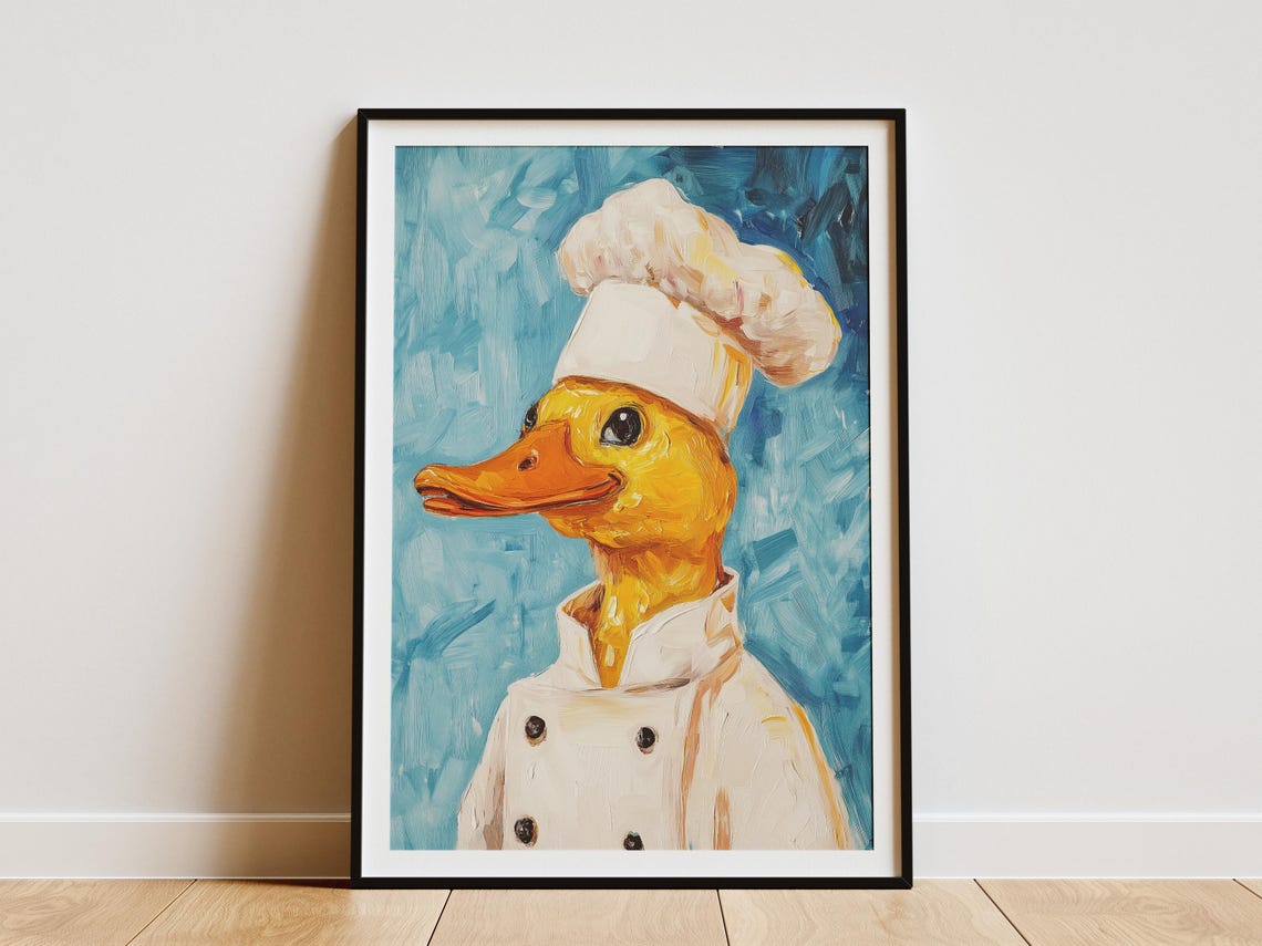 Duck Chef Art Print Funny Kitchen Decor Whimsical Animal Portrait Chefs Hat Wall Quirky Poster Cute Home