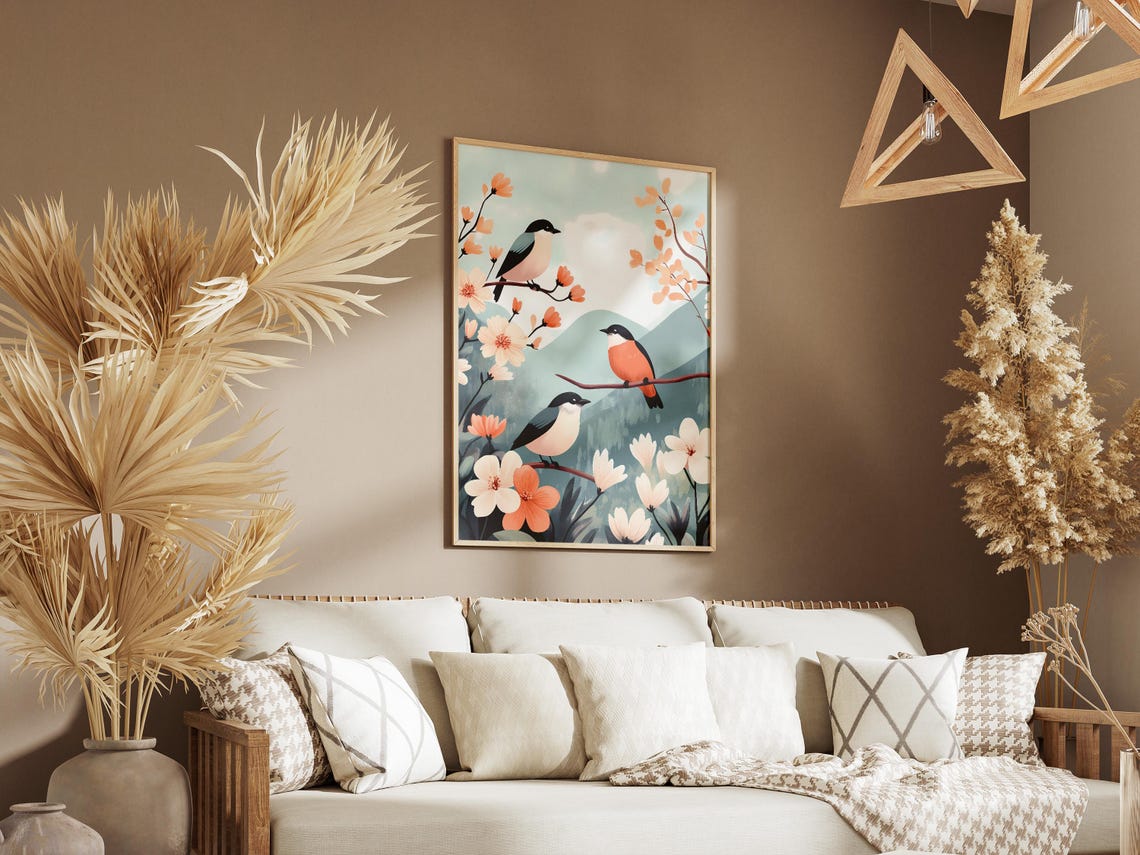 Three Colorful Songbirds Perched Among Peach Blossoms Art Poster - Image 3