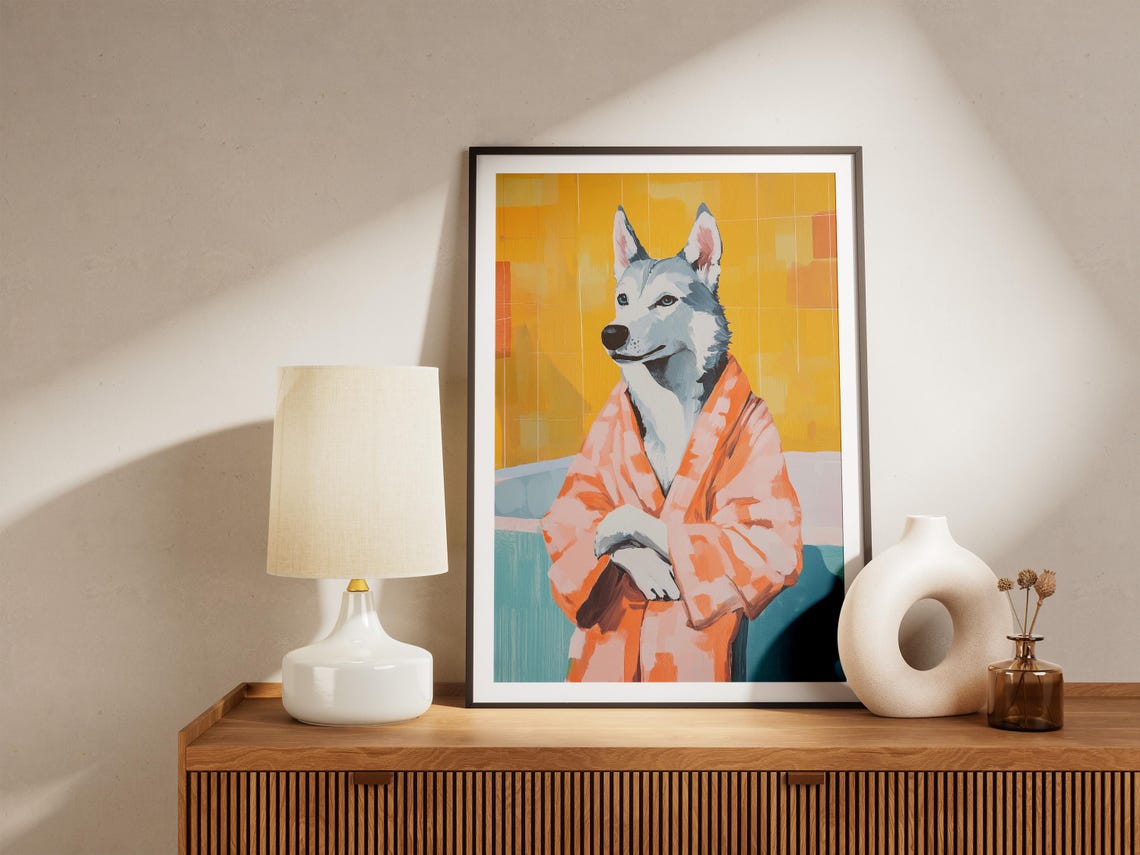 Handsome Husky In Orange Plaid Bathrobe Cozy Vintage Dog Poster - Image 5