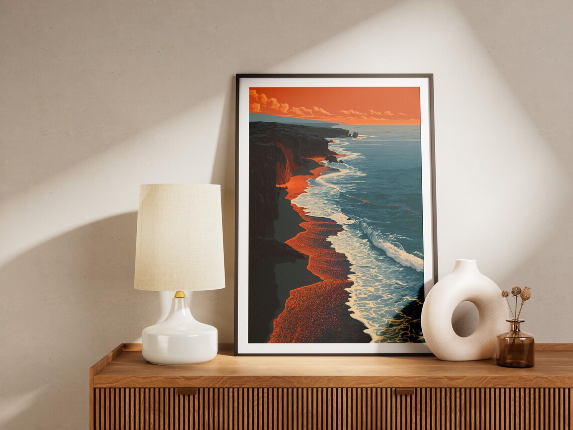 Black Sand Beach Lava Rock Hawaiian Coast Sunset Scenic Poster - Image 4