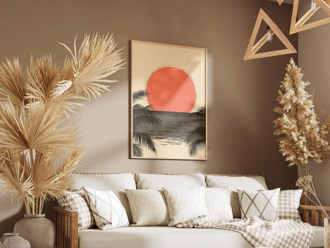 Coral Sun Setting Over the Ocean Framed by Palm Fronds Poster - Image 3