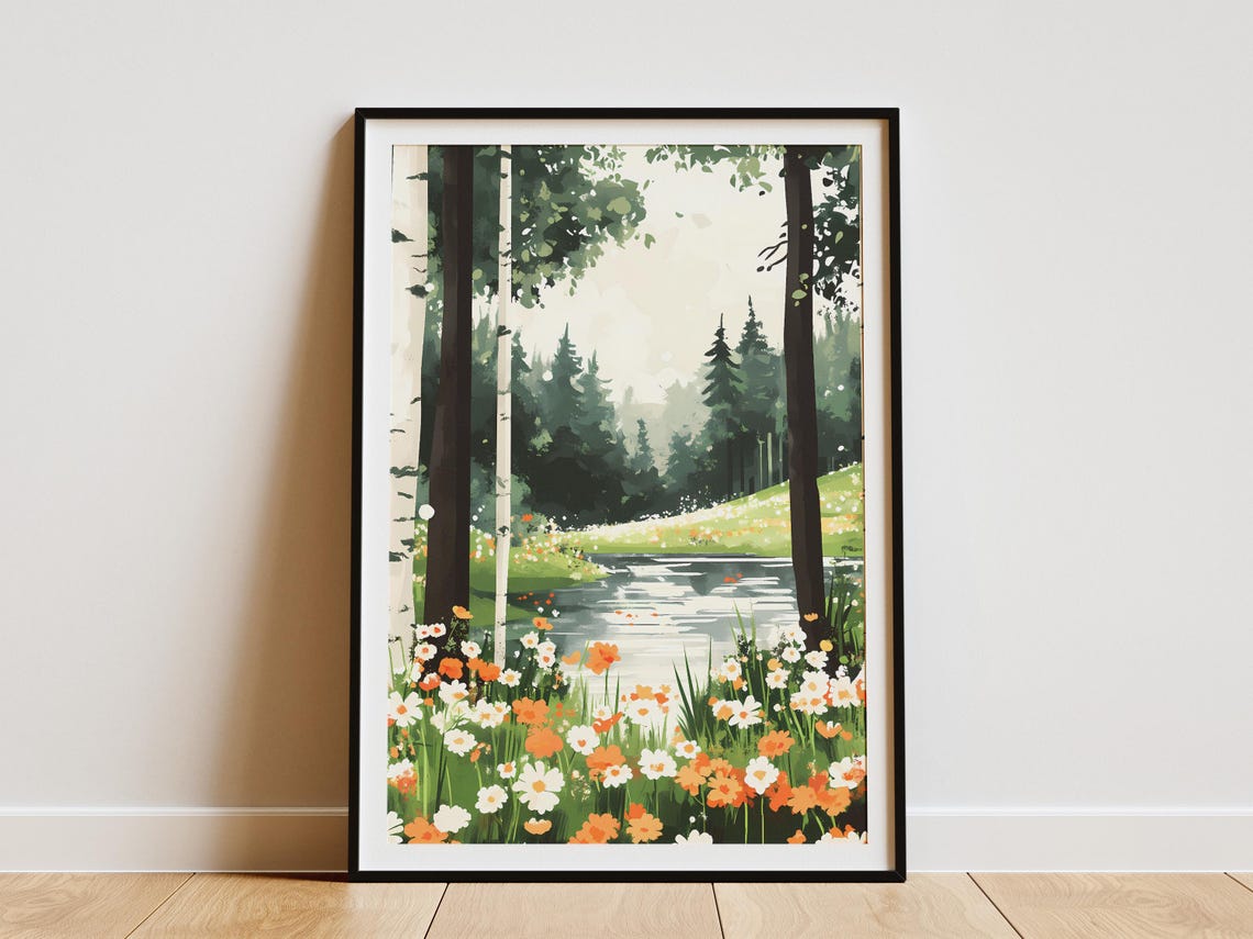 Birch Forest River With Orange And White Wildflowers Spring Poster