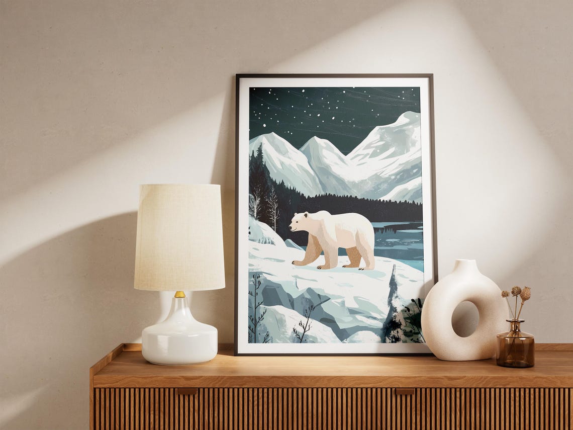 Polar Bear Walking Arctic Night Snowy Mountains Winter Poster - Image 5