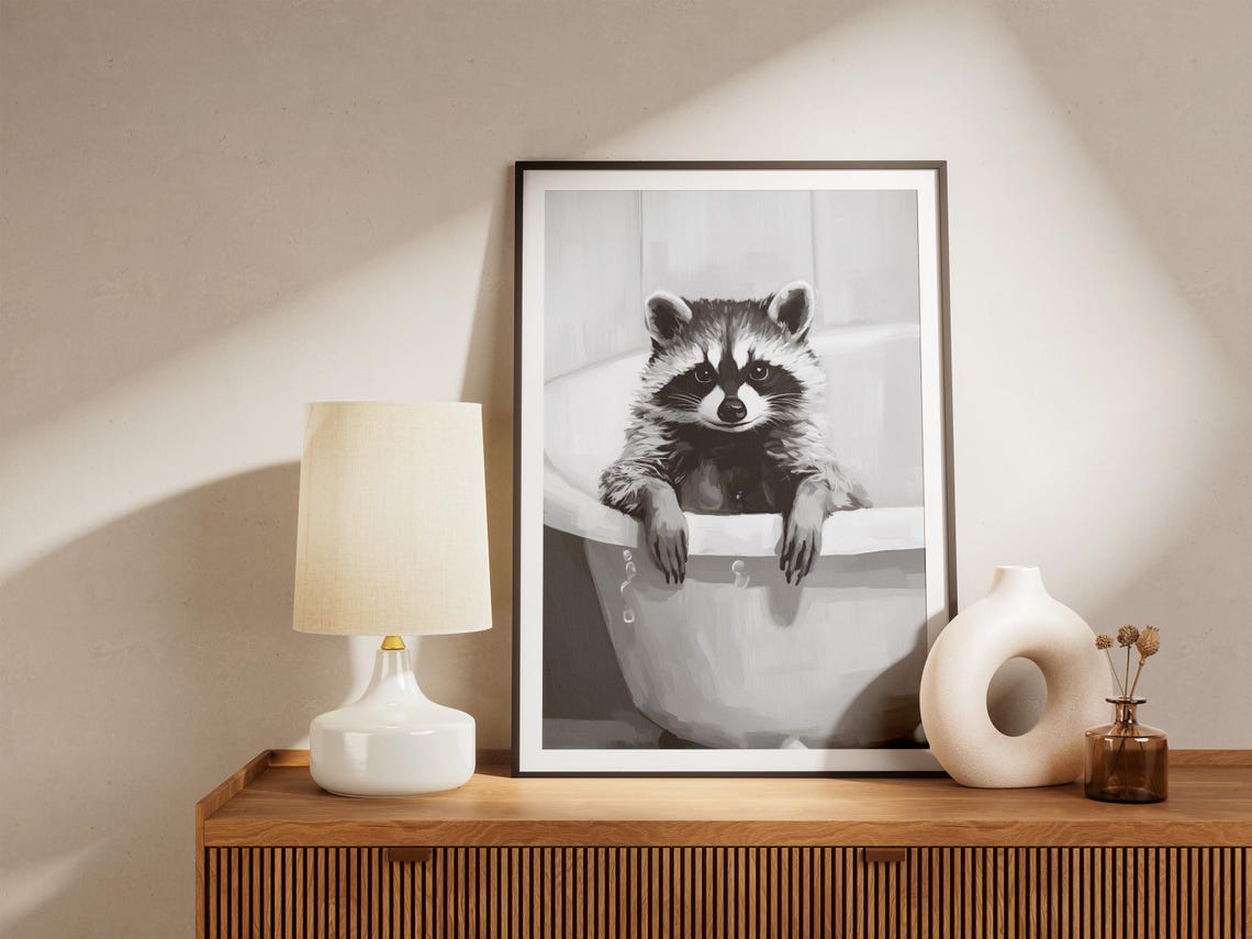 Sweet Cute Baby Raccoon Bubble Bath Minimalist Animal Poster - Image 4