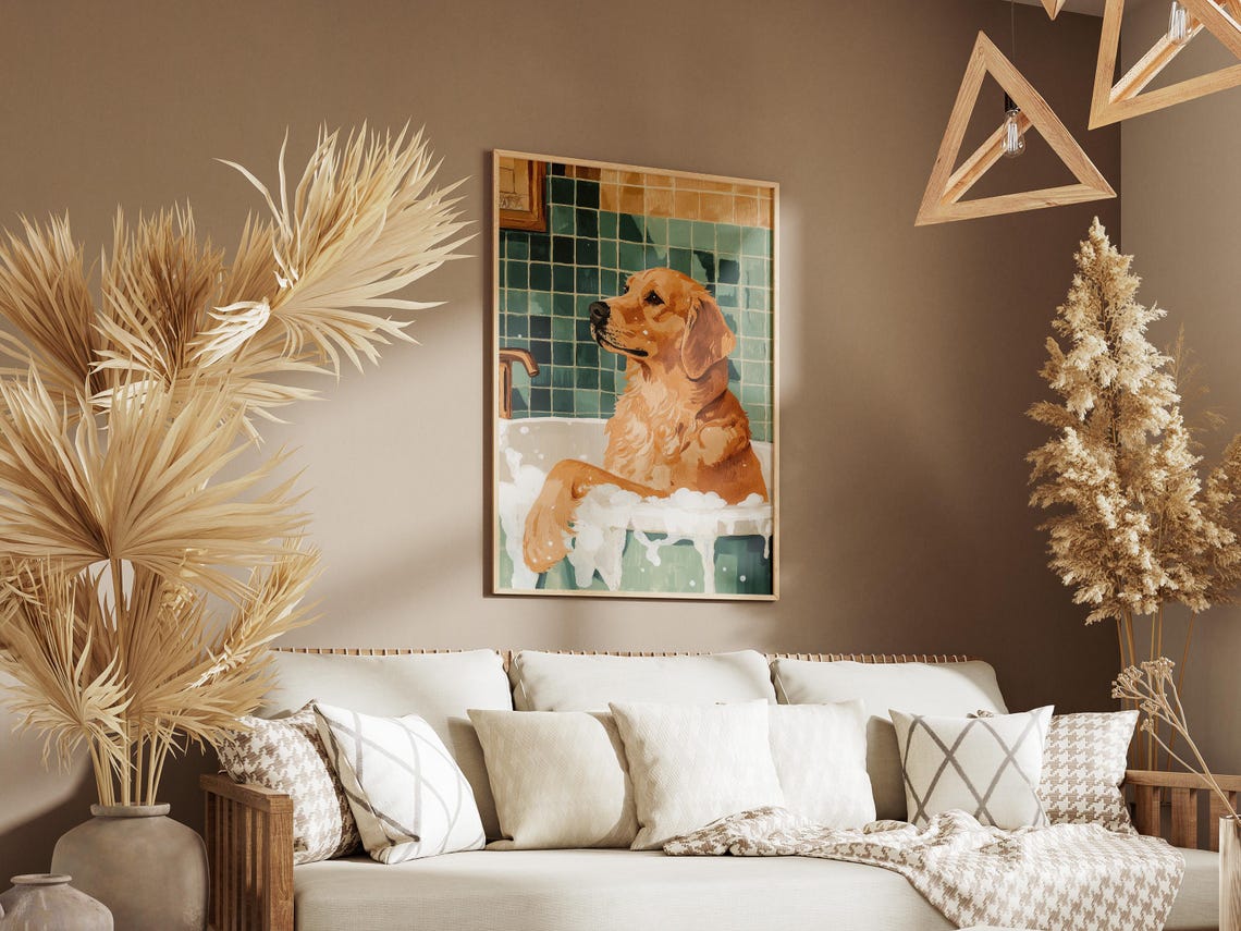 Happy Golden Retriever Bubble Bath Green Tile Relaxed Dog Poster - Image 3