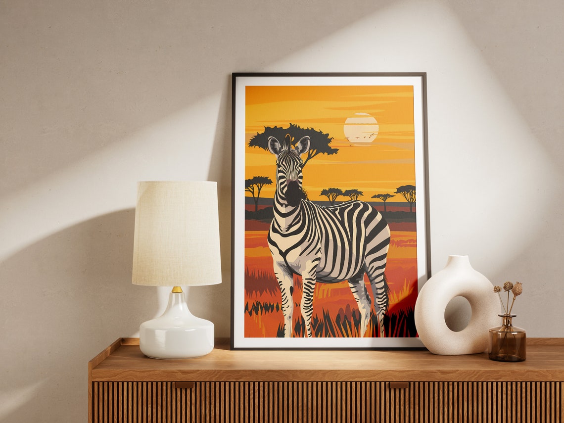 Bold Zebra African Savanna Sunset Orange Acacia Safari Poster - Image 2
