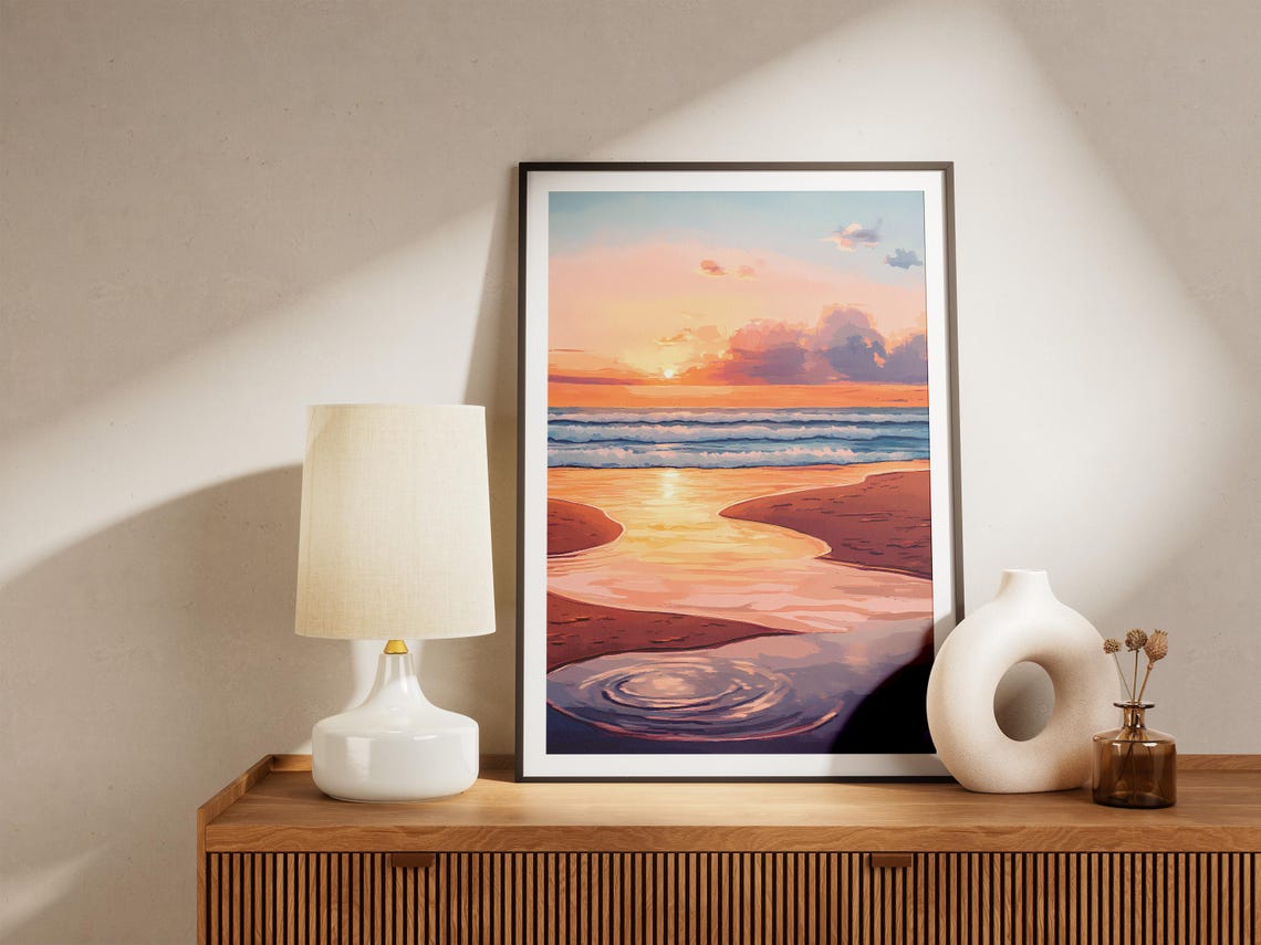 Sunset Beach Tide Pools with Rippled Purple Reflections Poster - Image 5