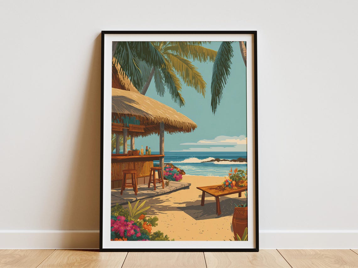 Beach Tiki Bar Palm Trees Tropical Island Vacation Coastal Poster