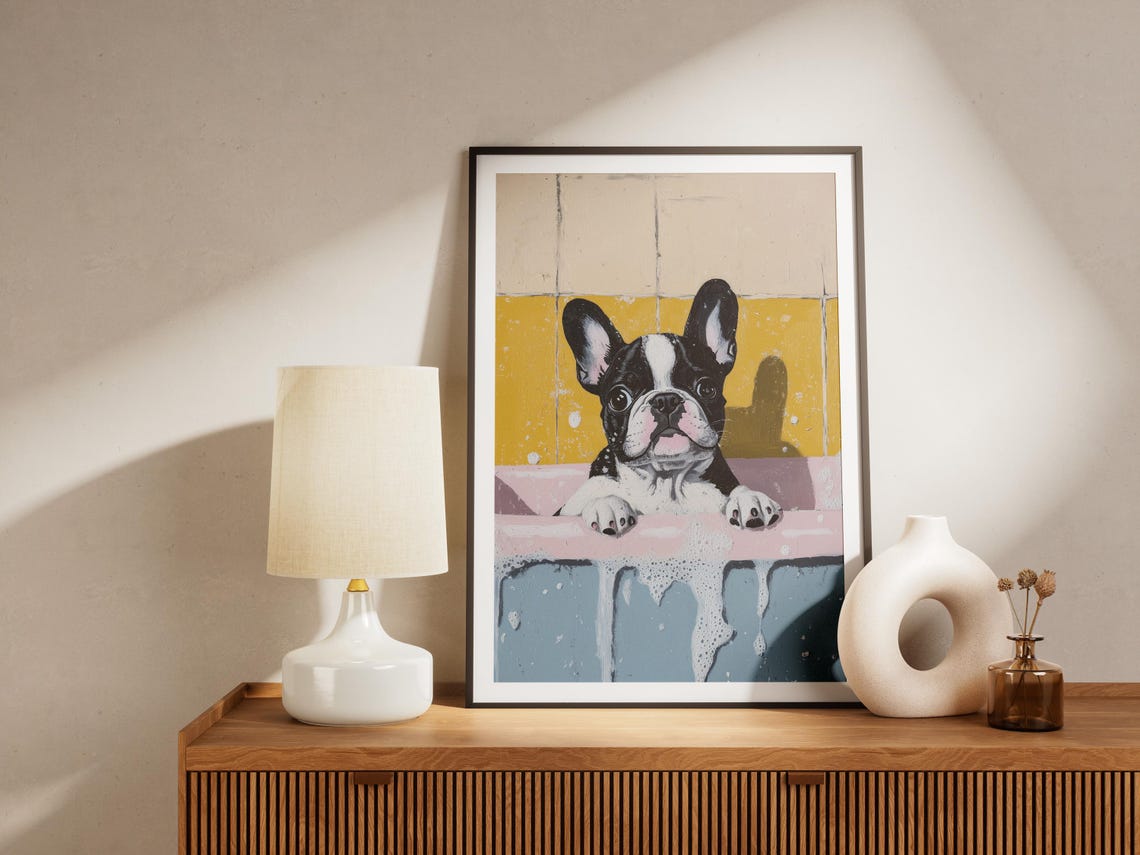French Bulldog Puppy Bubble Bath Sunny Yellow Tile Art Poster - Image 4