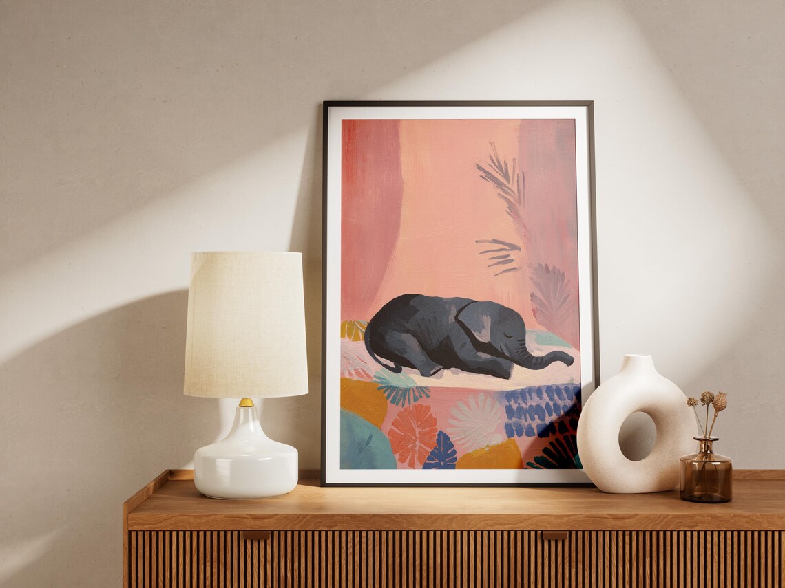 Baby Elephant Sleeping on a Patterned Mat With Pink Nursery Style Art Poster - Image 4