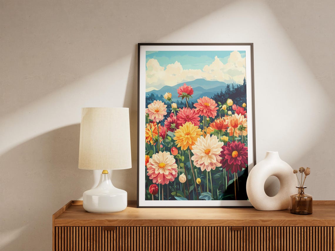 Colorful Dahlia Garden With Blue Mountains Behind Summer Art Poster - Image 5
