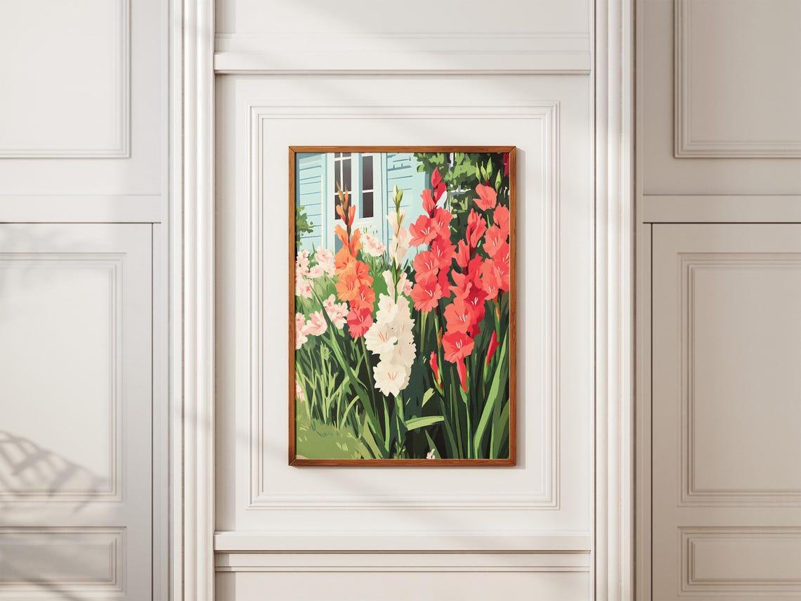 Gladiolus Garden Red Orange White Summer Blooms Cottage Poster - Image 2