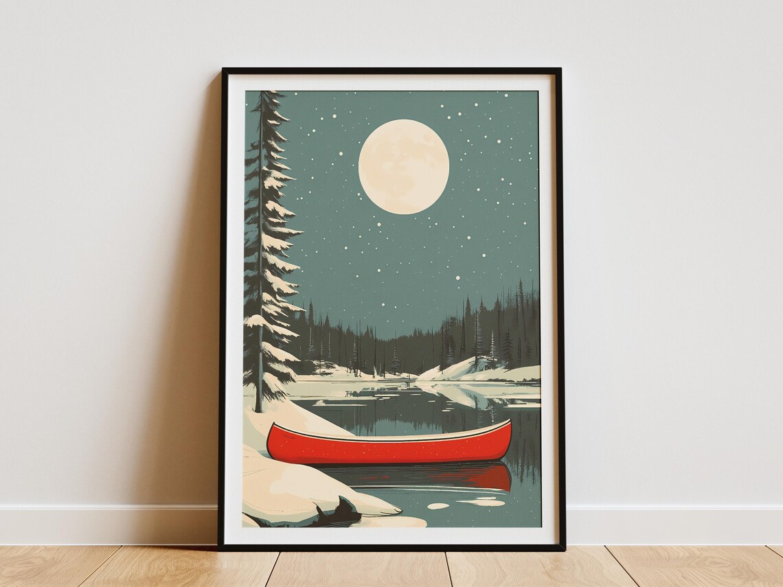 Red Canoe on Snowy Winter Lake Under Full Moon Night Scene Poster