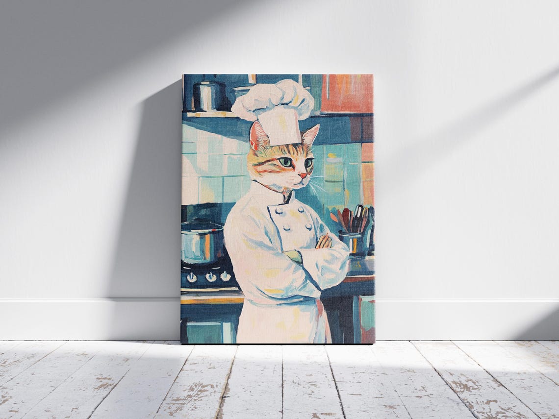 Tabby Cat Chef Standing In Kitchen Colorful Painting Sunny Poster - Image 2