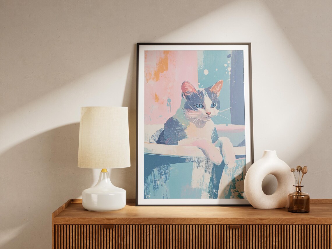 Cat in a Bathtub Pastel Blue and Pink Abstract Pet Art Poster - Image 4