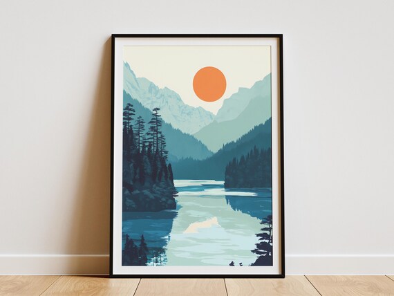 Mountain Lake Poster Peaceful Nature Scene Calming Landscape Art Blue Green Tones Forest Lake Print Wall Decor Modern Minimalist Serene