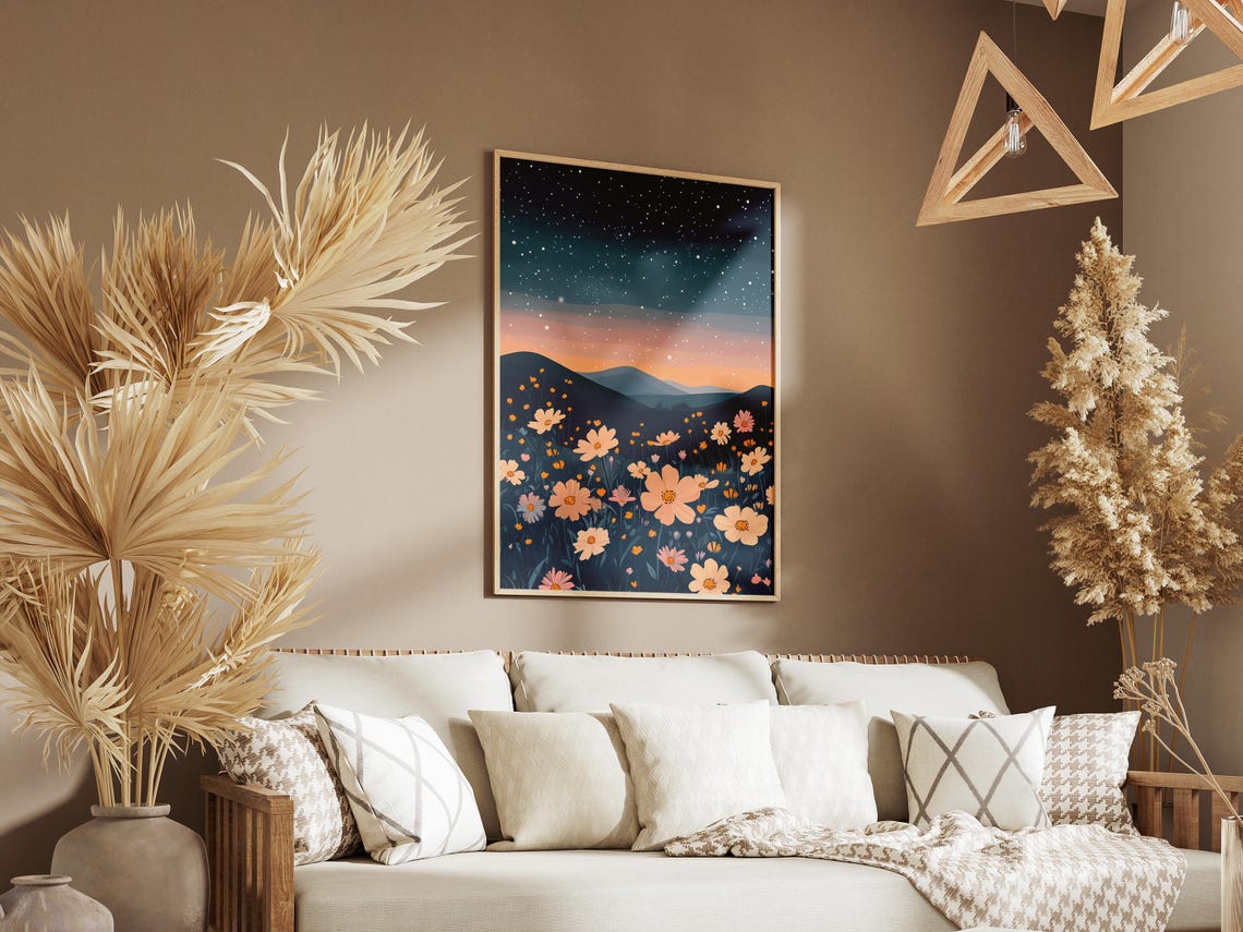 Cosmos Flower Field Under Starry Night Sky Dreamy Art Poster - Image 3
