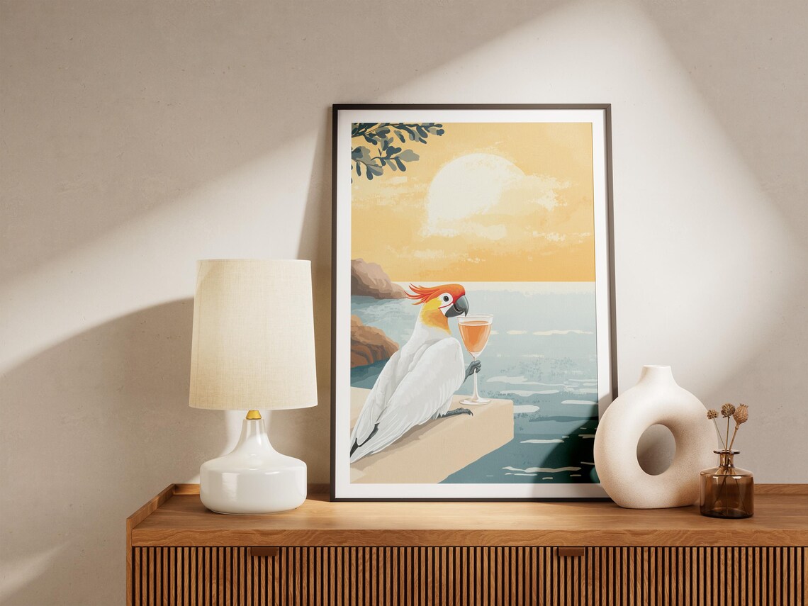 Cockatoo With a Glass of Wine at Sunset Over the Ocean Poster - Image 5