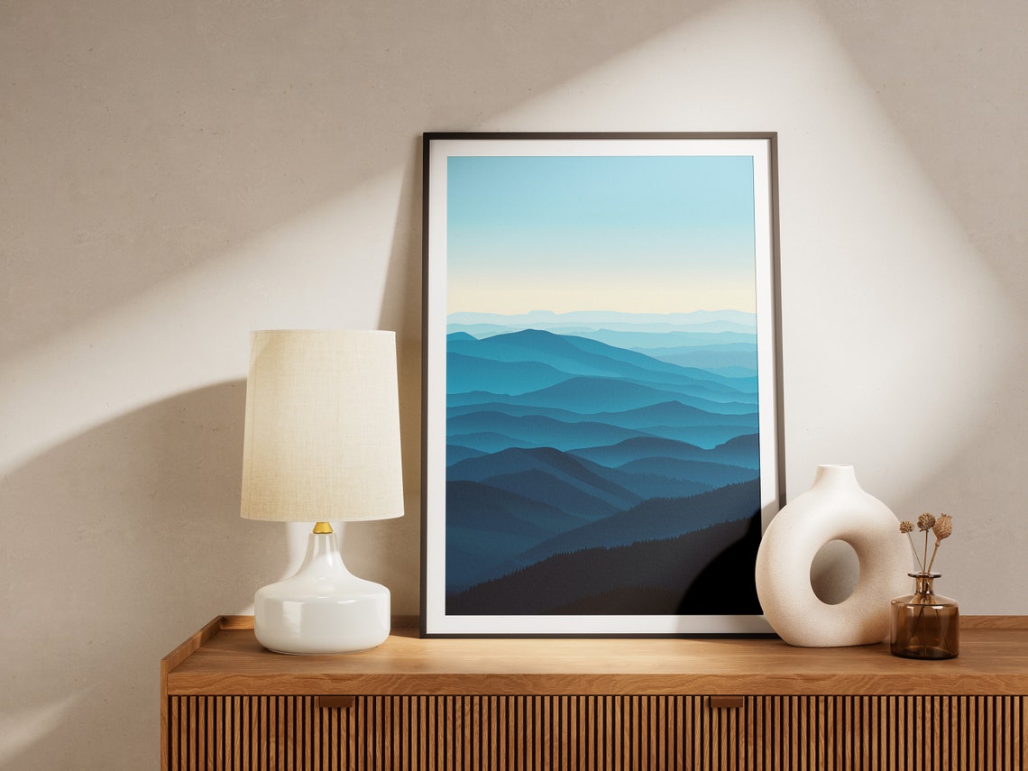 Blue Ombre Layered Mountain Ranges Gradient Silhouette Poster - Image 2