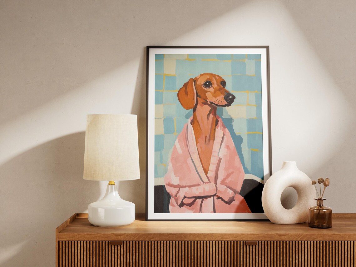 Red Dachshund in Pink Bathrobe Blue Bathroom Funny Dog Poster - Image 5