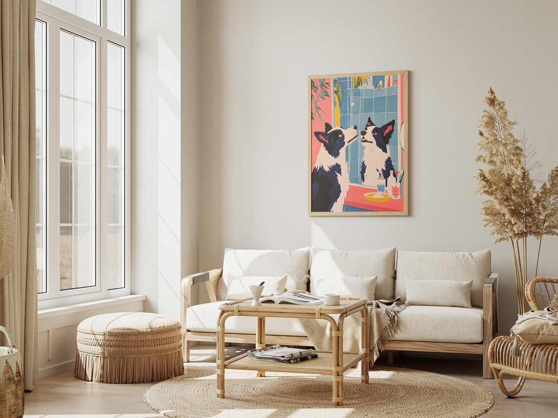 Border Collie Dog Print Cute Dog Art Pet Portrait Bathroom Print Modern Dog Poster Minimalist Pet Decor Funny Dog Poster Blue And Pink Wall - Image 4
