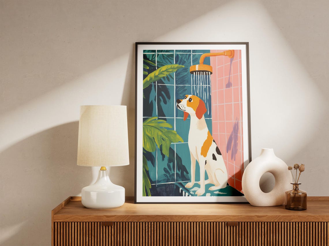 Beagle Dog Standing Under a Golden Tropical Showerhead Poster - Image 5