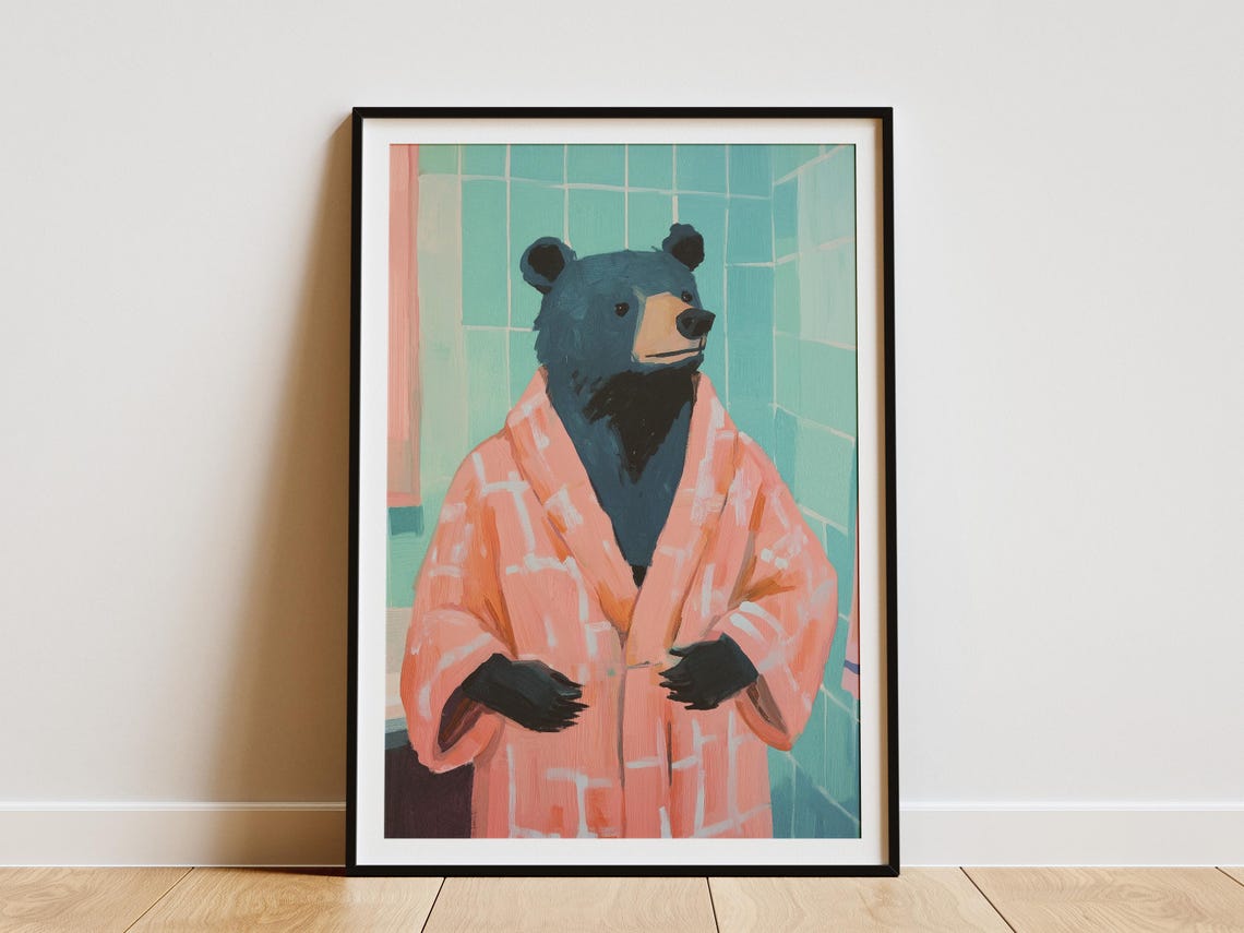 Deadpan Black Bear in a Coral Checkered Bathrobe Bathroom Poster