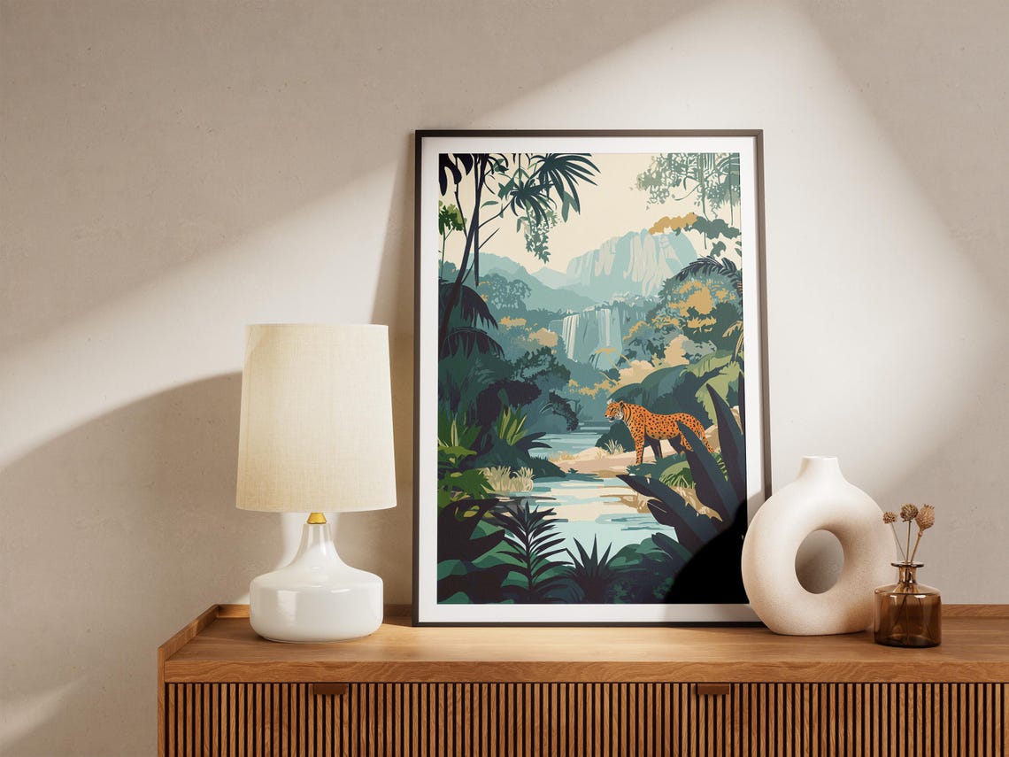 Jungle Waterfall Jaguar Spotted Big Cat River Wildlife Poster - Image 5