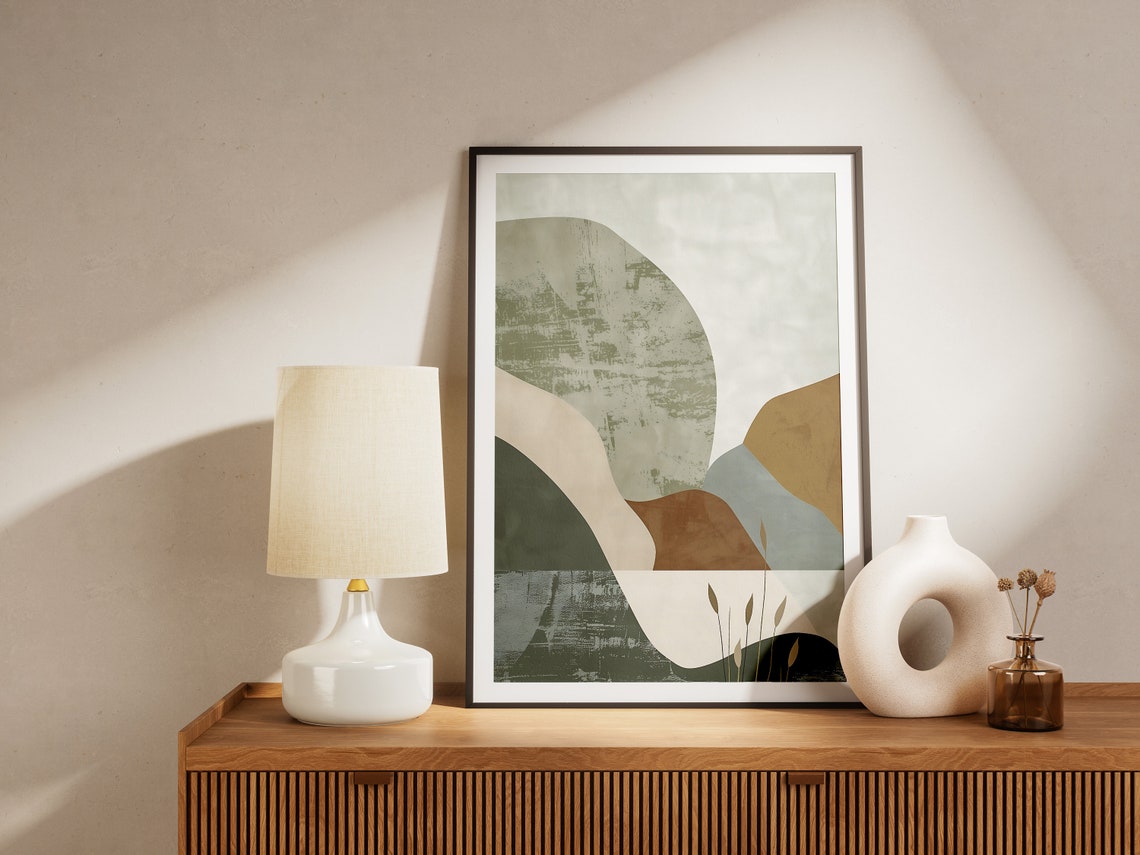 Abstract Rolling Hills in Sage Ochre and Cream Modern Wall Art - Image 2