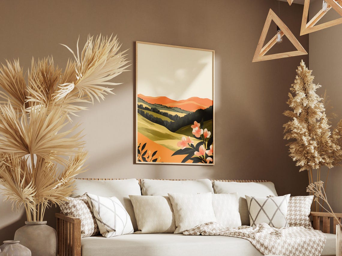 Peach Hills With Orange Wildflowers Minimalist Landscape Poster - Image 3