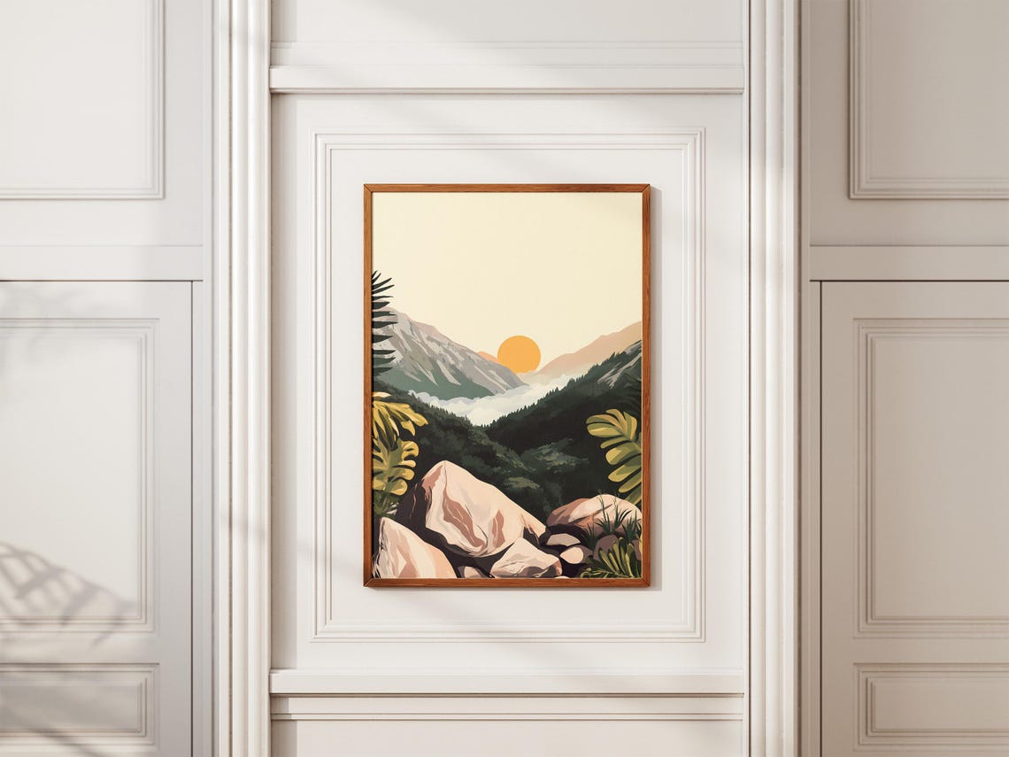 Golden Sunrise Misty Mountain Valley Pine Forest Illustration Poster - Image 2