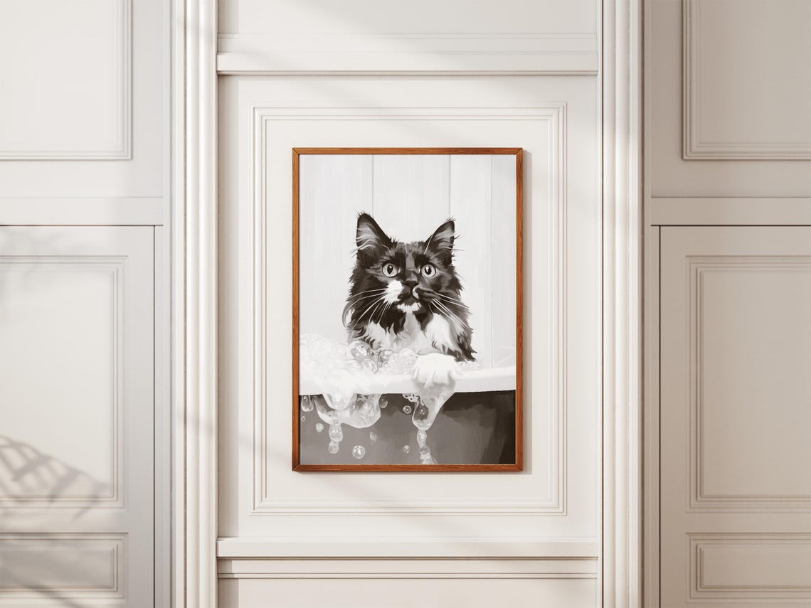 Cat In Bubble Bath Poster Long Haired Cat Bathroom Wall Decor - Image 2