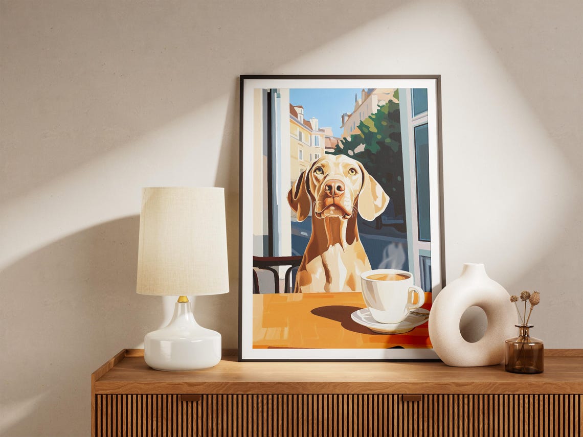 Weimaraner Dog Sitting at Cafe Table With Coffee Cup Art Poster - Image 4