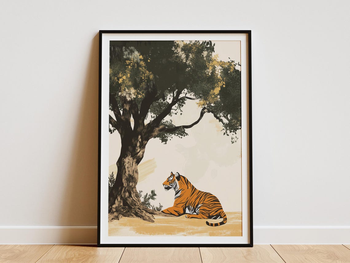 Tiger Resting Under A Large Tree In Minimalist Style Wildlife Poster