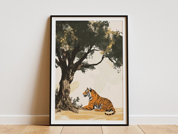 Tiger Resting Under A Large Tree In Minimalist Style Wildlife Poster