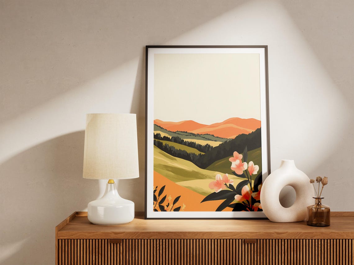 Peach Hills With Orange Wildflowers Minimalist Landscape Poster - Image 5