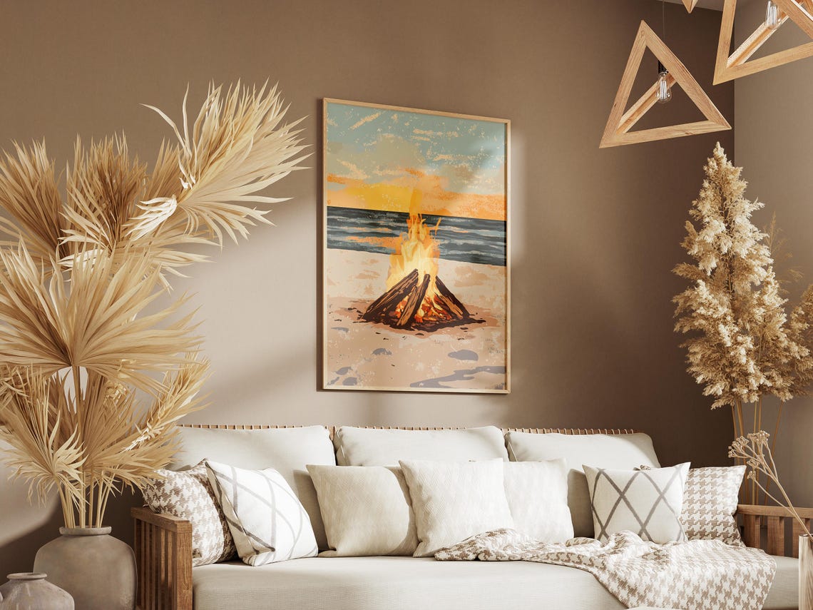 Beach Bonfire at Sunset Warm Ocean Evening Illustration Poster - Image 3