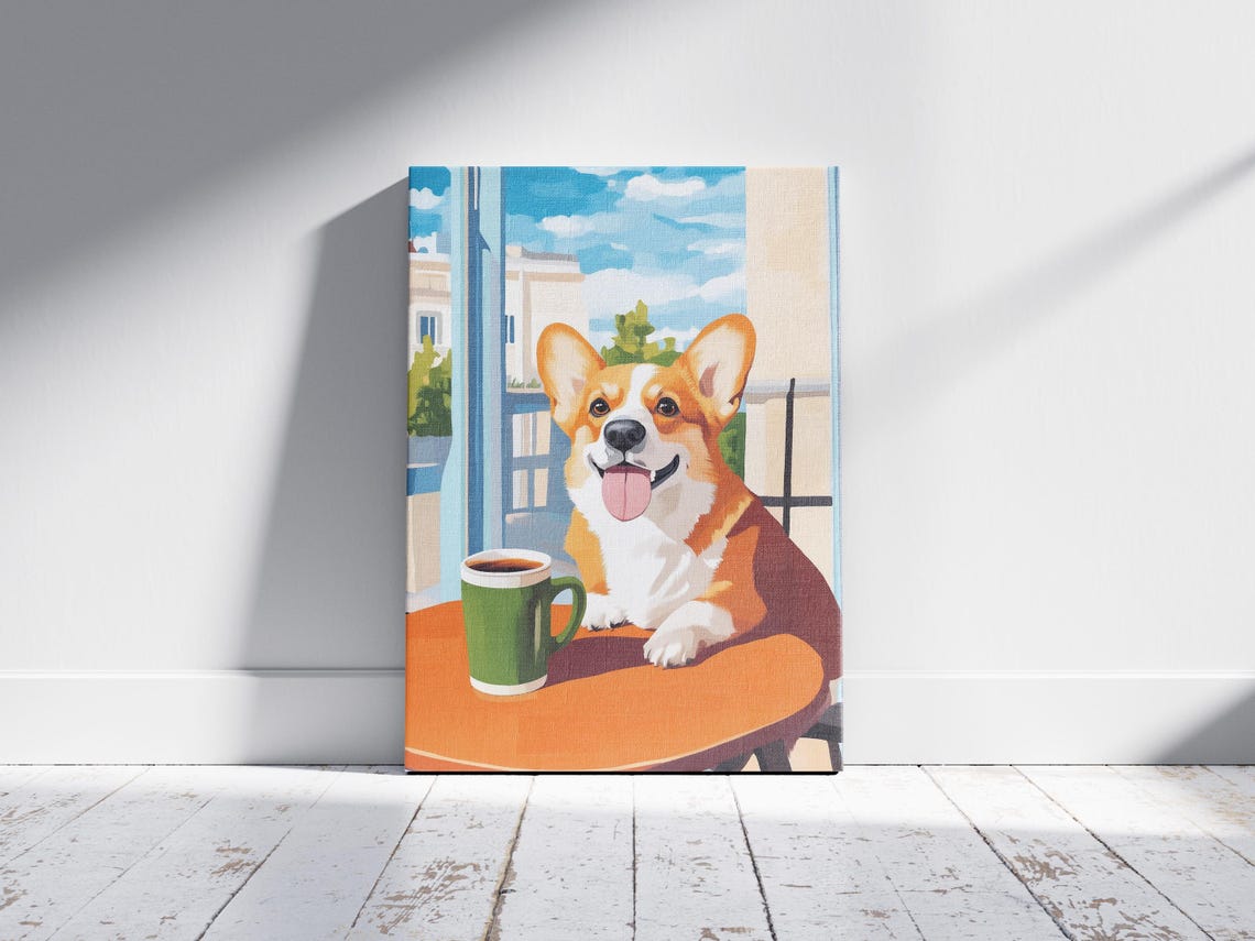 Smiling Corgi with a Green Mug at a Sunny Cafe Window Dog Poster - Image 2