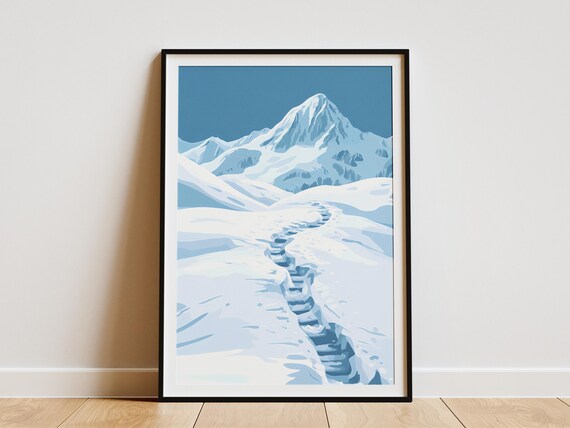 Snow Covered Mountain Peak with Winding Trail Minimalist Blue Poster