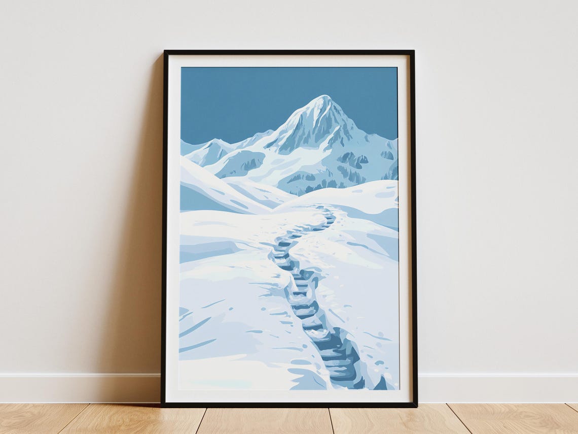 Snow Covered Mountain Peak with Winding Trail Minimalist Blue Poster