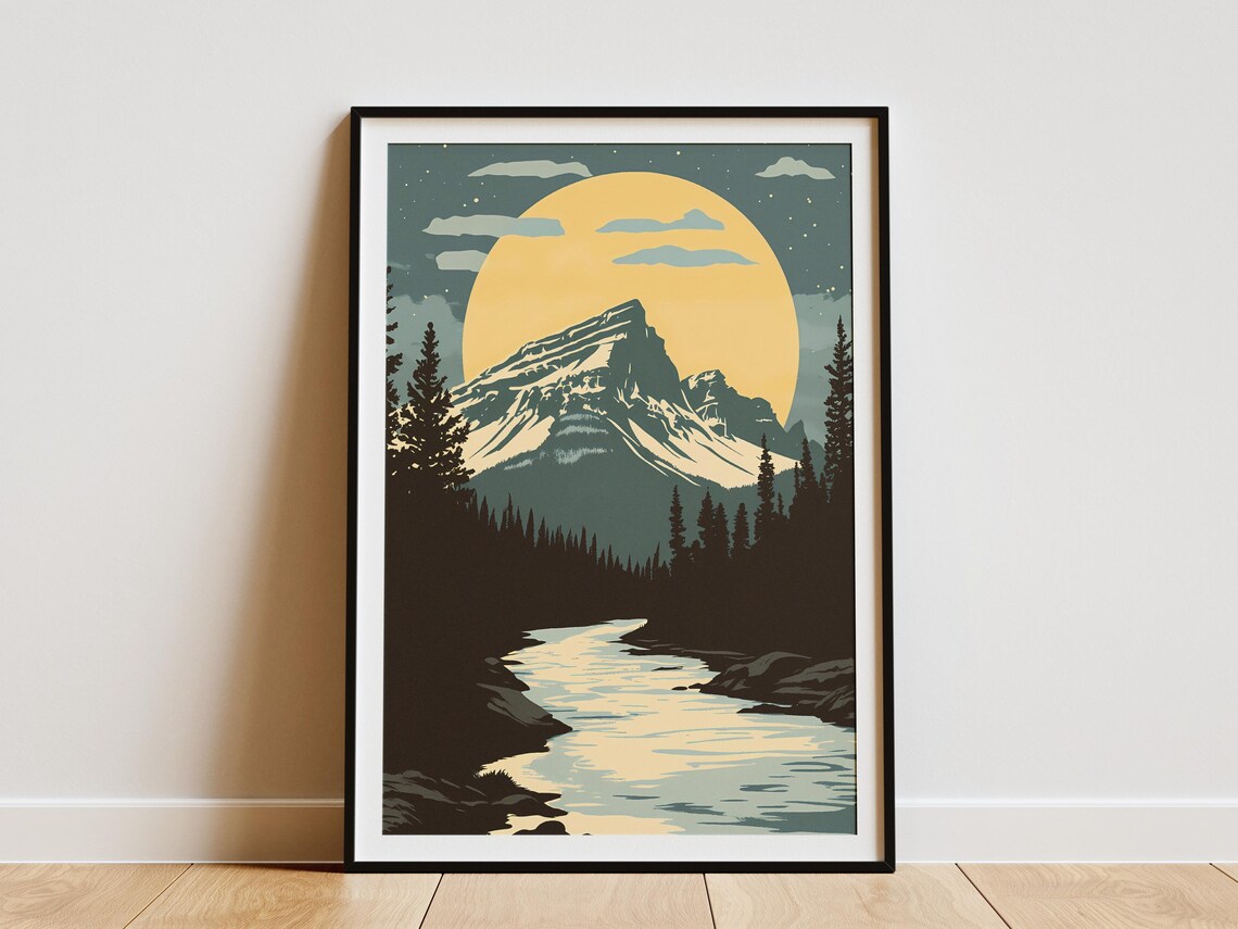 Banff National Park Giant Moon Over Mountain And River Night Poster